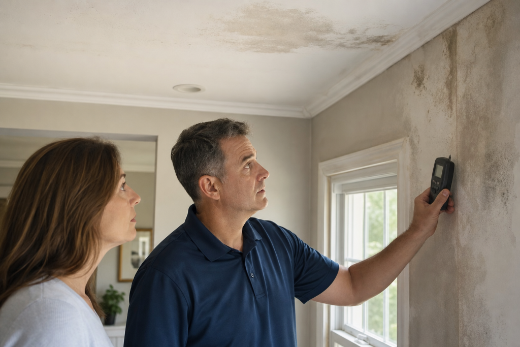 Inspector holding a meter to a mold-stained wall while homeowners look at discoloration spreading across the ceiling